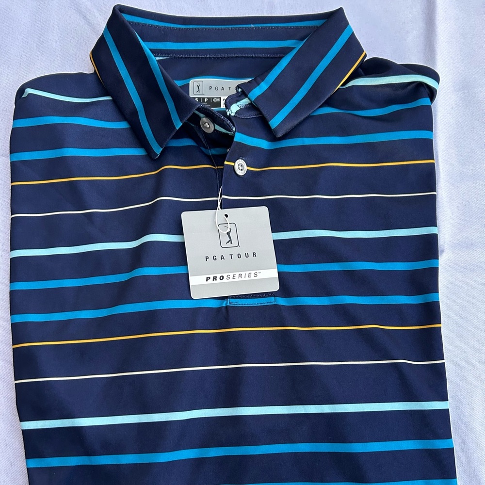 PGA Tour Pro Series Mens Small Navy Blue Striped Athletic Fit Golf Polo Shirt